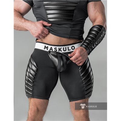 MASKULO - Men's Fetish Shorts Codpiece Zippered rear Full Thigh Pads Black