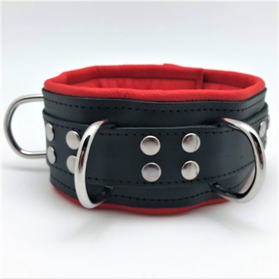 Leather collar - padding - 3D ring - Black/Red